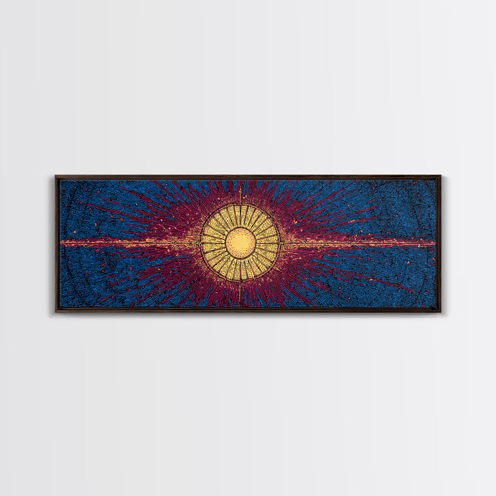 Blue Magenta Solar Burst Wall Art, Mid Century Modern Abstract Print, Cosmic Retro Decor For Living Room And Office, Wall Decor