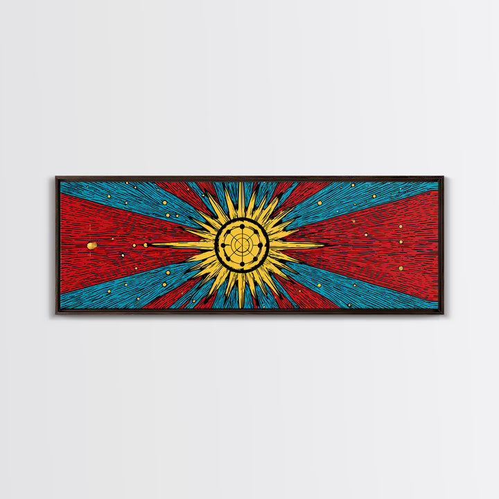 Radiant Atomic Sunburst And Orbiting Stars Canvas Print, Mid Century Modern Wall Art, Retro Space Decor, Bold MCM Poster