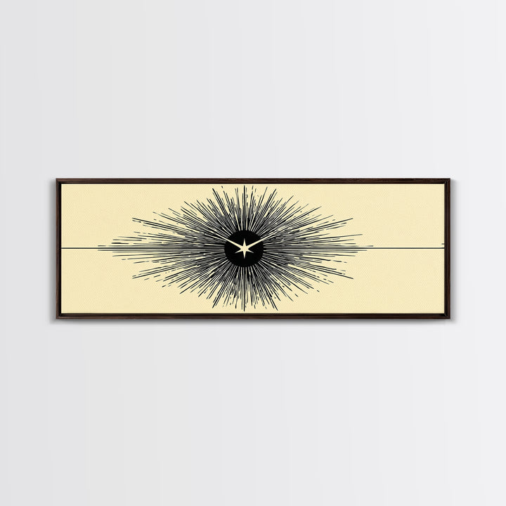 Black Starburst Atomic Eye Canvas Print, Mid Century Modern Wall Art, Minimalist Retro Poster, Beige Space Age Home Decor