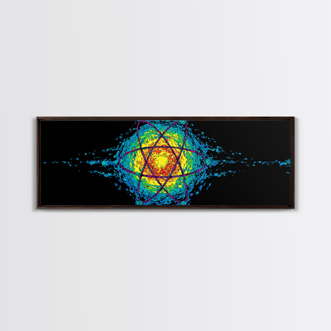 Glowing Yellow Atom And Blue Particle Waves Canvas Print, Midcentury Modern Wall Art, Retro Science Poster, Space Decor Art