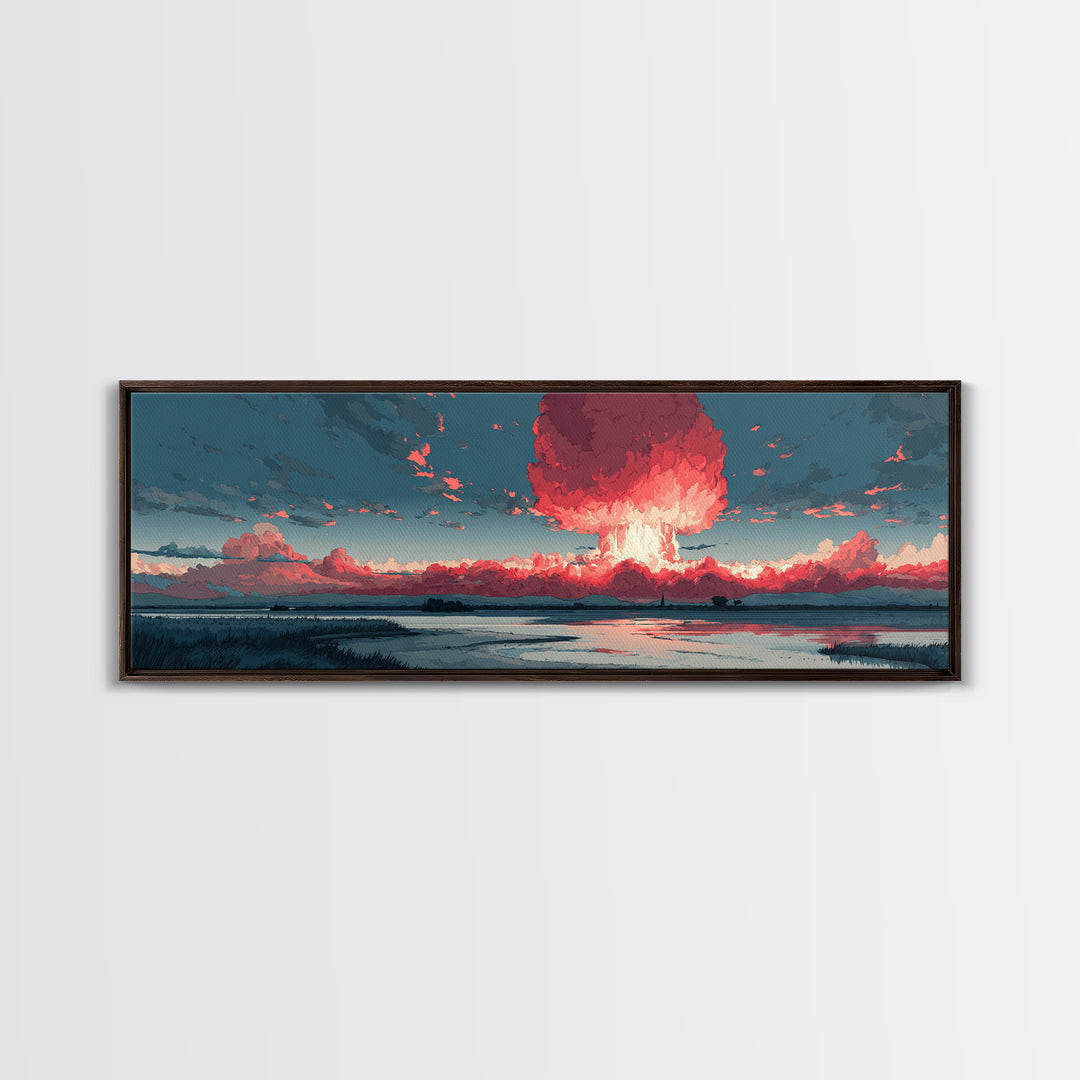 Dramatic Red Mushroom Cloud Over Wetlands Wall Art, Modern Abstract Art Print, Sci Fi Landscape Poster, Statement Home Decor