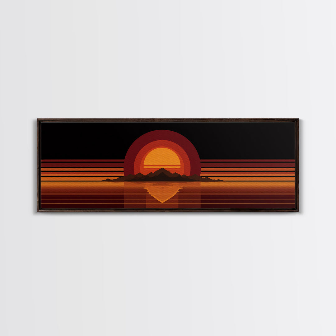 Orange Desert Sun And Mountain Reflection Wall Art, Retro Midcentury Canvas Print, Black Minimalist Modern Home Decor Poster