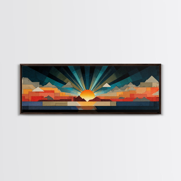 Art Deco Sunrise Mountain Landscape Wall Art, Midcentury Modern Canvas Print, Bold Geometric Retro Living Room Decor Poster