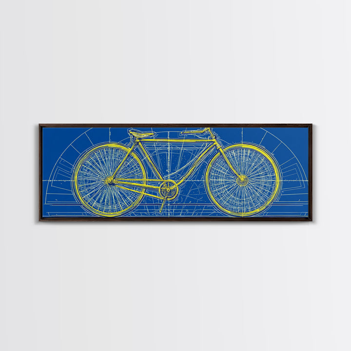 Blue Yellow Bicycle Blueprint Canvas Print, Mid Century Modern Wall Art, Cycling Poster, Geometric Retro Office Decor Gift