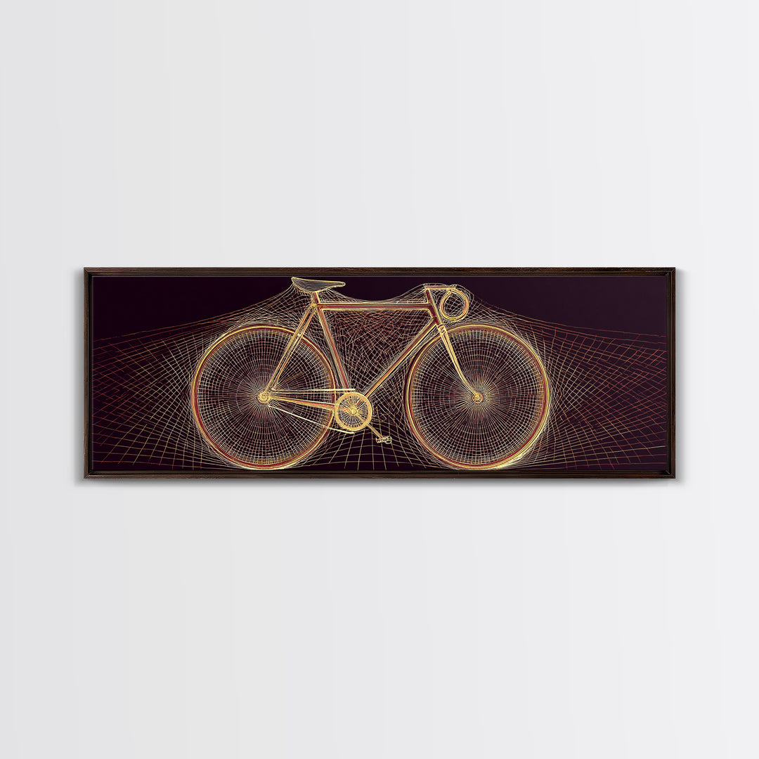 Glowing Gold Road Bicycle Framed Canvas Print, Retro Futuristic Cycling Wall Art, Modern Geometric Poster, Man Cave Decor