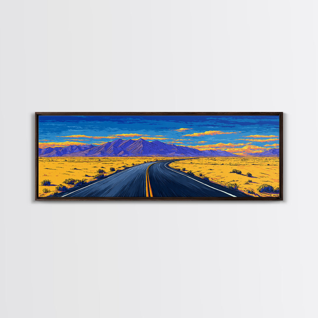 Vibrant Desert Highway And Purple Mountains Wall Art, Mid Century Modern Landscape Poster, Retro Road Trip Home Decor Print