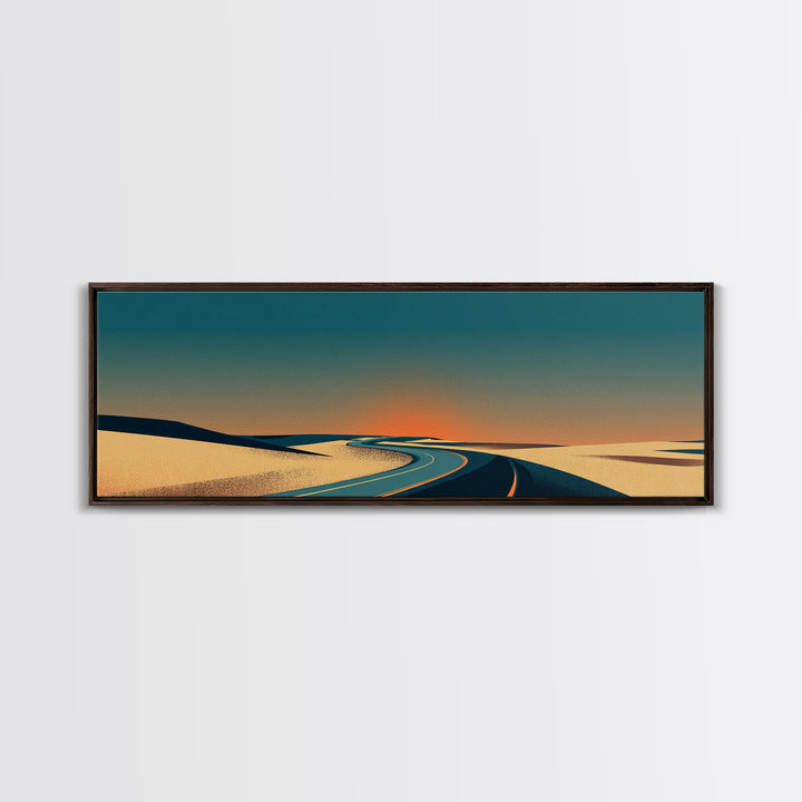 Minimal Sunset Desert Road Canvas Print, Mid Century Modern Landscape Wall Decor, Retro Travel Poster, Warm Neutral Art Print