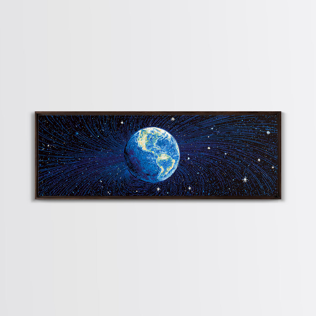 Blue Earth Magnetosphere And Starfield Wall Art, Retro Space Science Poster, Modern Digital Art Print For Office Decor And Astronomy Gift