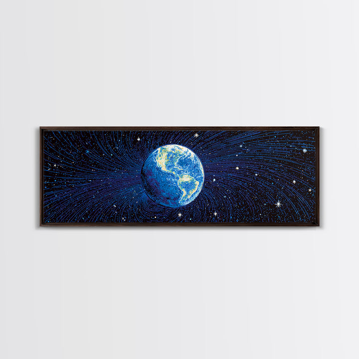 Blue Earth Magnetosphere And Starfield Wall Art, Retro Space Science Poster, Modern Digital Art Print For Office Decor And Astronomy Gift