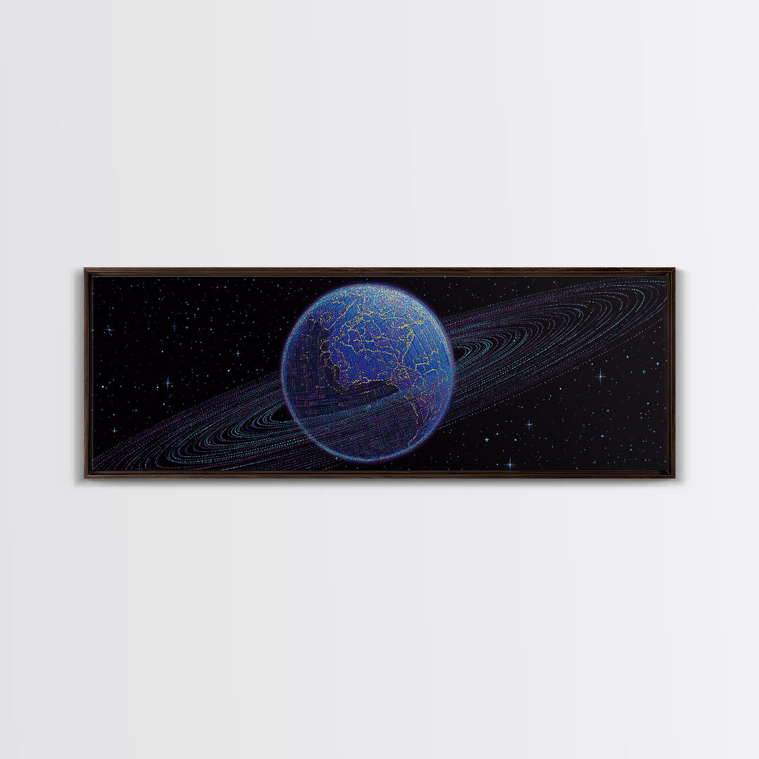 Ringed Blue Planet In Starry Space Canvas Print, Retro Sci Fi Wall Decor, Modern Digital Art Poster For Office And Bedroom