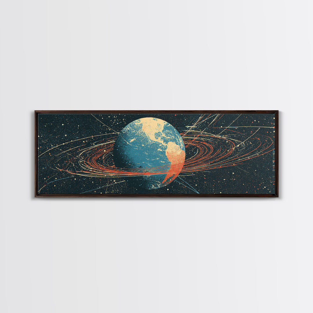 Retro Earth Orbit Lines And Star Map Wall Art, Mid Century Modern Space Poster, Scientific Astronomy Print For Office Decor