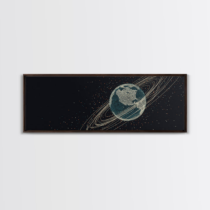 Dark Earth With Orbital Rings Framed Canvas Print, Retro Space Science Wall Decor, Modern Astronomy Art For Home Office Gift