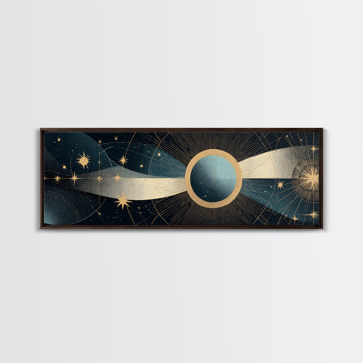 Abstract Solar Eclipse With Golden Stars Wall Art, Mid Century Modern Celestial Poster, Cosmic Retro Print For Living Room
