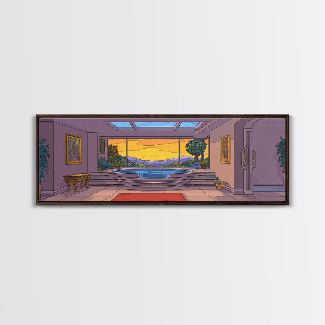 Retro Modern Interior With Sunset Mountain View Wall Art, Mid Century Modern Home Decor, Architectural Landscape Poster Print