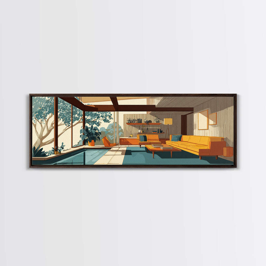 Glass Wall Living Room With Pool Wall Art, Midcentury Modern Decor, MCM Architecture, Retro Home Office Interior Design Canvas Print