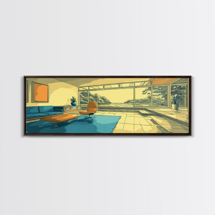 Teal Yellow Living Room With Mountain View Framed Canvas Print, Midcentury Modern Wall Decor, Retro MCM Architecture Home Art