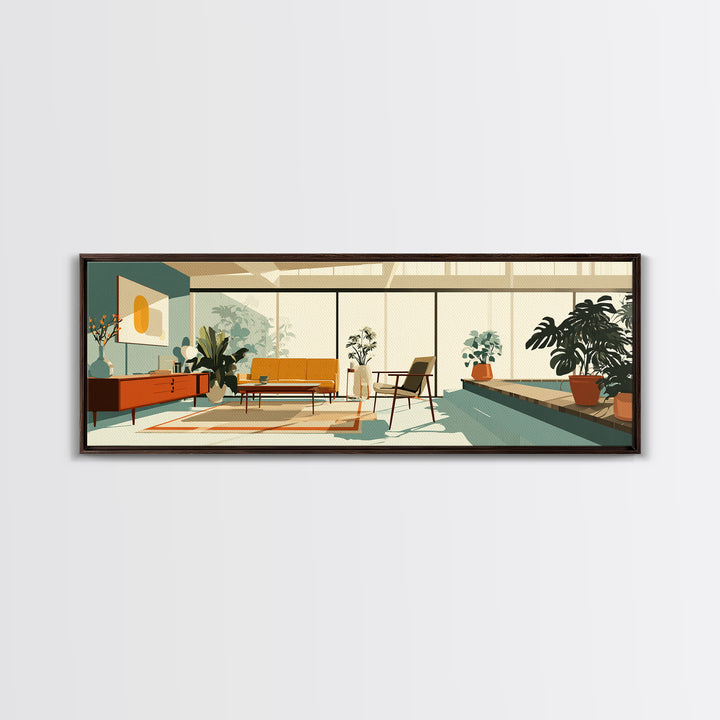 Sunny Plant Filled Living Room Wall Art, Midcentury Modern Decor, MCM Furniture, Retro Architectural Home Office Canvas Print