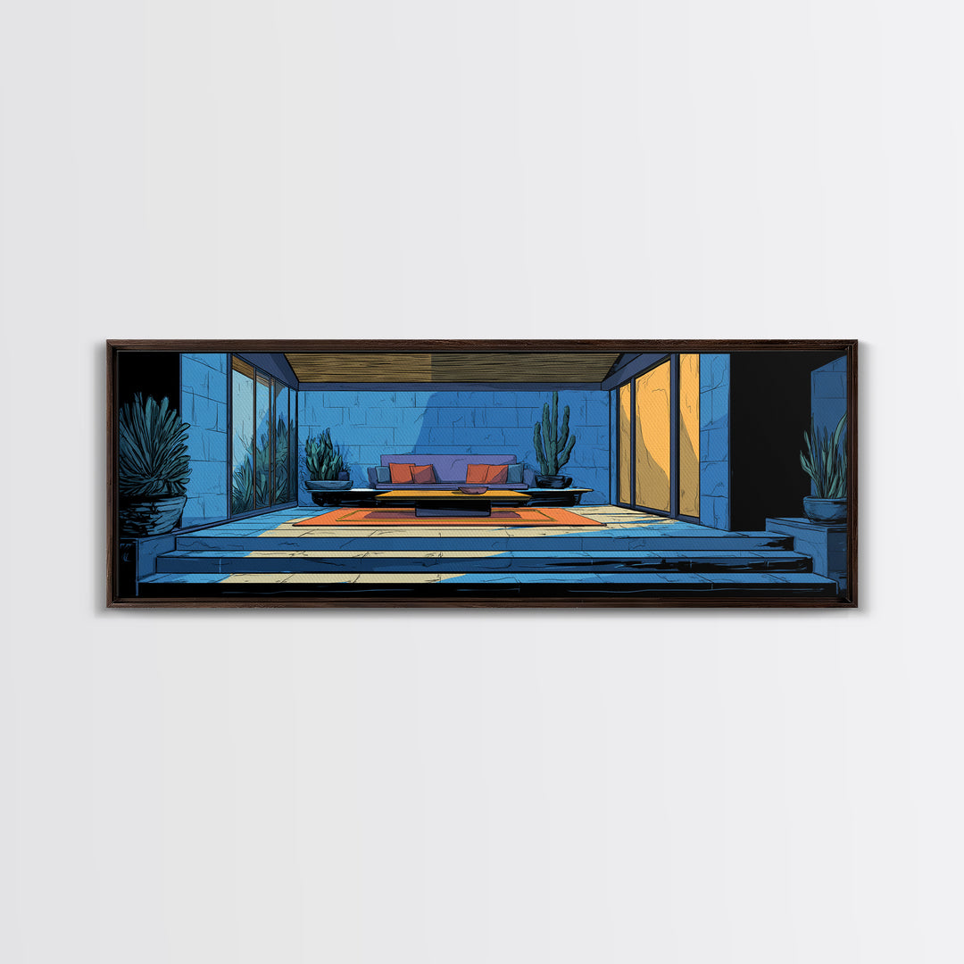 Blue Desert Courtyard With Cactus Wall Art, Midcentury Modern Decor, Retro Patio Architecture, MCM Large Framed Canvas Print