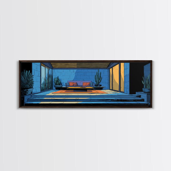 Blue Desert Courtyard With Cactus Wall Art, Midcentury Modern Decor, Retro Patio Architecture, MCM Large Framed Canvas Print