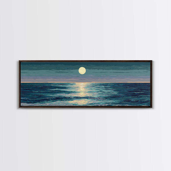 Moonlit Ocean Waves Under Full Moon Wall Art, Coastal Modern Decor, Blue Seascape, Serene Bedroom Living Room Canvas Print