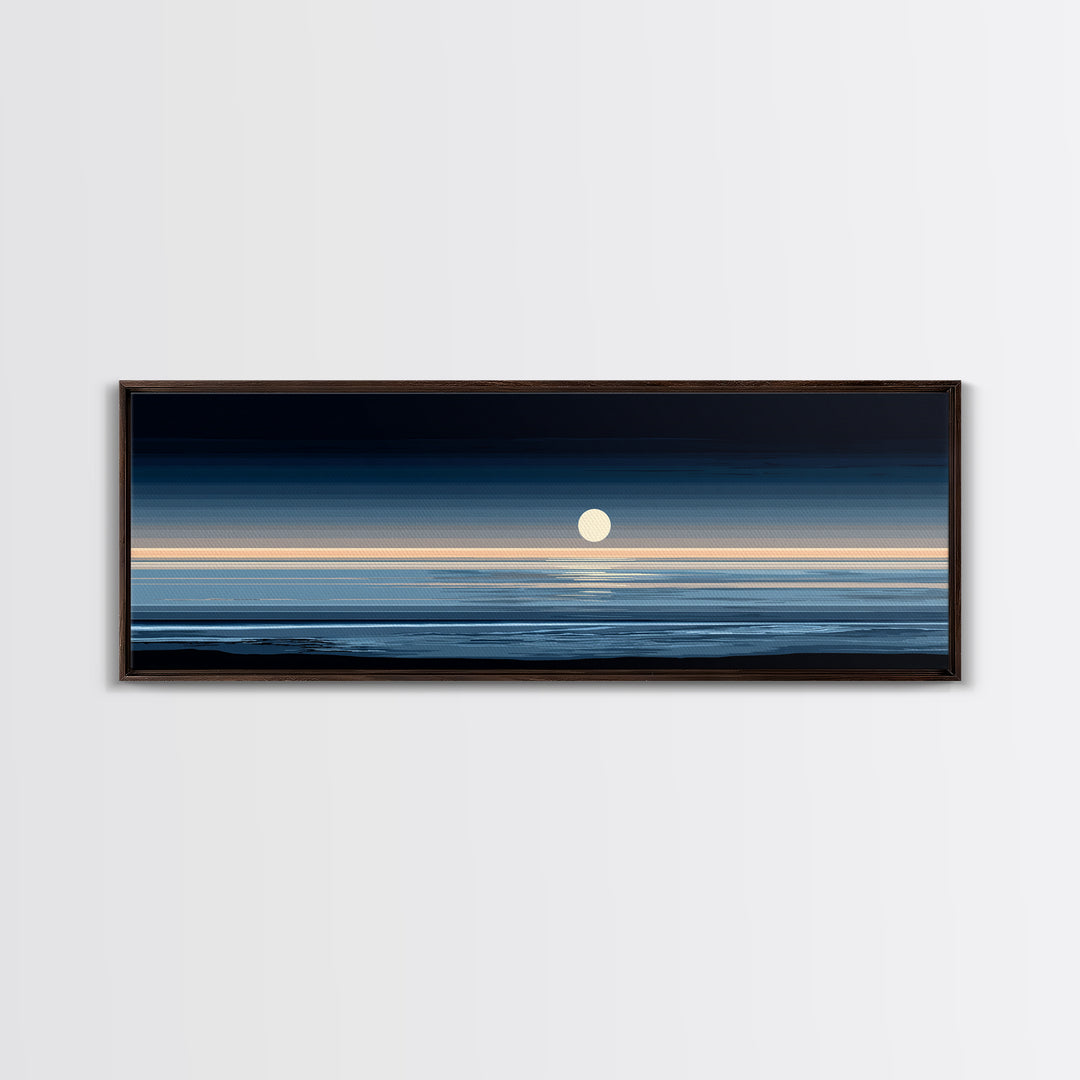 Minimal Moon Over Calm Horizon Wall Art, Modern Coastal Decor, Blue Abstract Seascape, Serene Bedroom Large Canvas Print