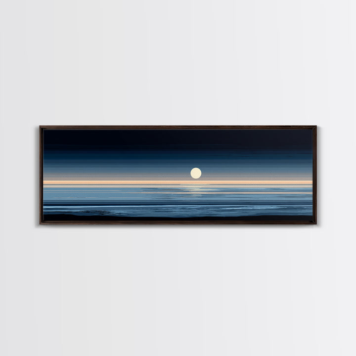 Minimal Moon Over Calm Horizon Wall Art, Modern Coastal Decor, Blue Abstract Seascape, Serene Bedroom Large Canvas Print