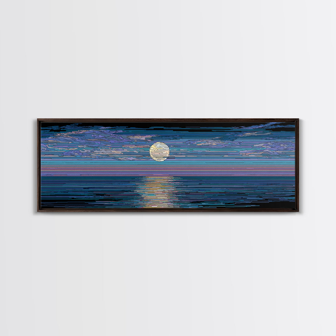 Striped Full Moon Ocean Reflection Wall Art, Modern Abstract Decor, Blue Coastal Seascape, MCM Retro Bedroom Canvas Print