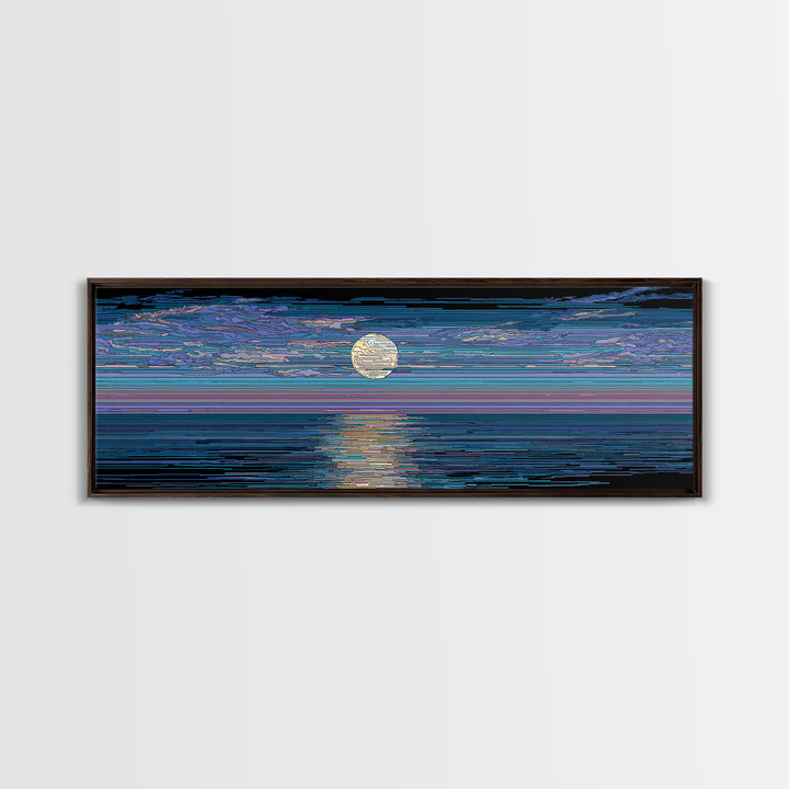 Striped Full Moon Ocean Reflection Wall Art, Modern Abstract Decor, Blue Coastal Seascape, MCM Retro Bedroom Canvas Print