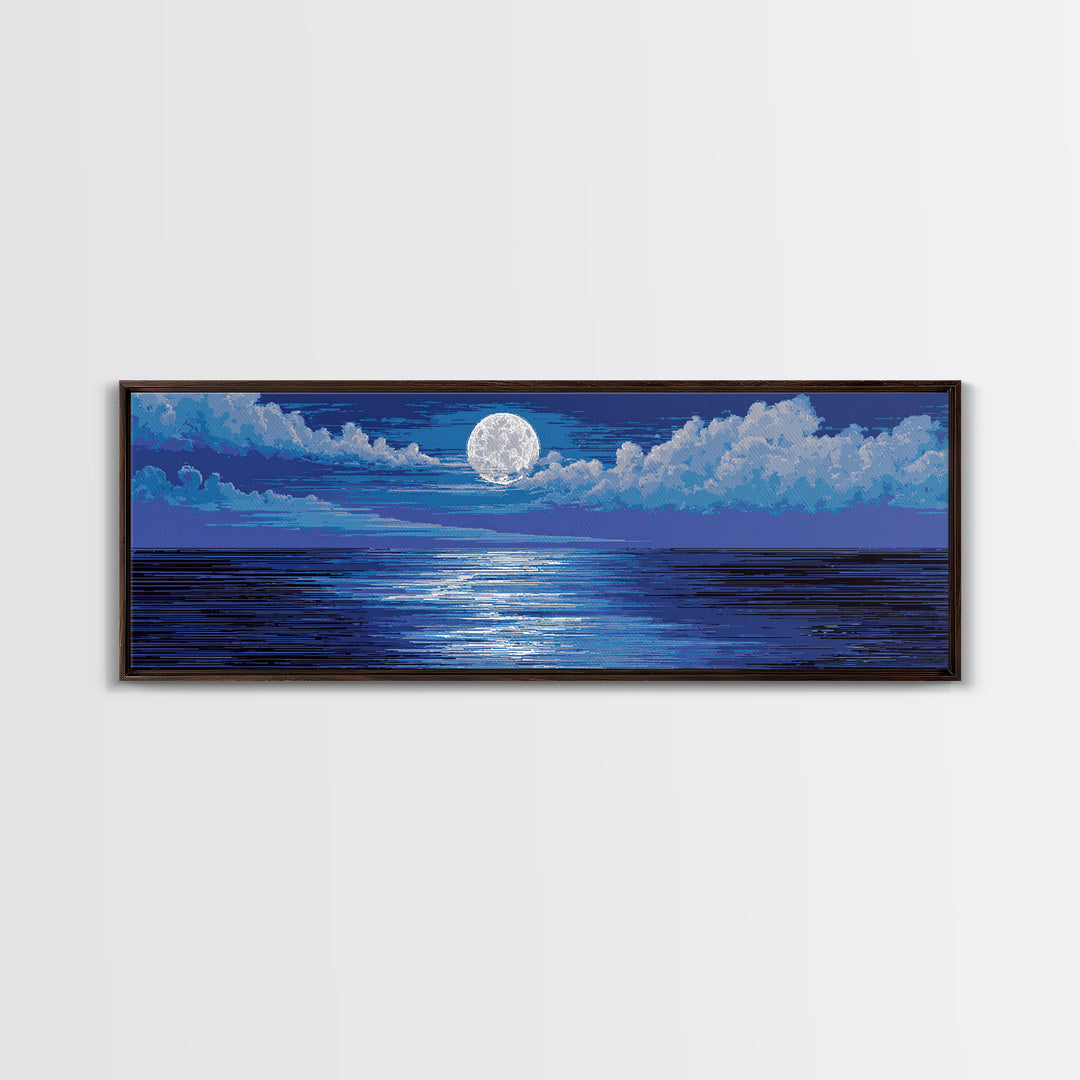 Bright Full Moon Over Blue Ocean Clouds Wall Art, Modern Coastal Decor, Serene Seascape, Bedroom Living Room Large Canvas Print