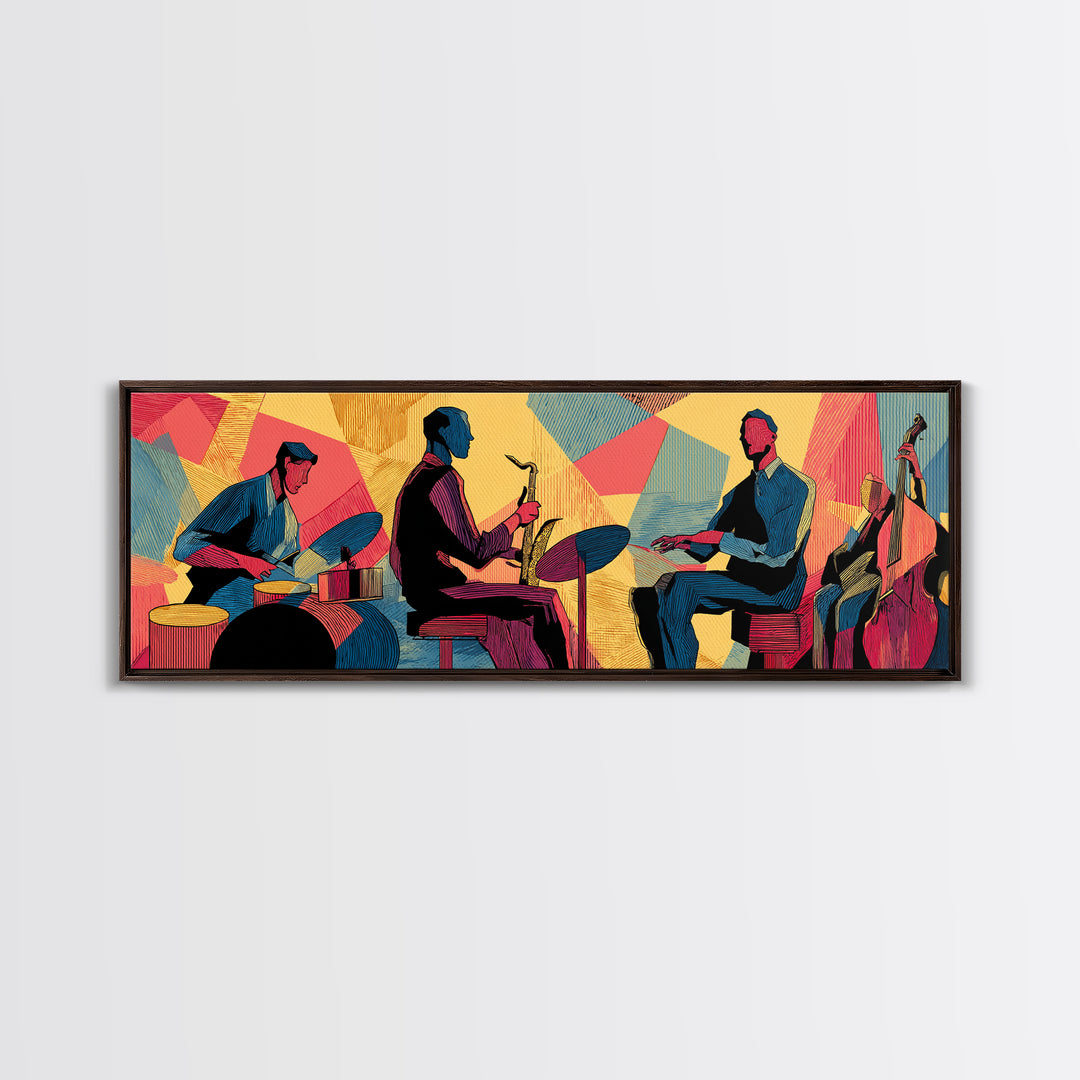 Vibrant Jazz Trio And Bass Canvas Print, Midcentury Modern Wall Art, Colorful Music Poster, Bold Retro Living Room Decor