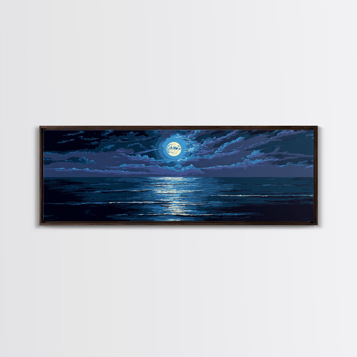 Dramatic Moonlit Ocean With Storm Clouds Wall Art, Modern Coastal Decor, Blue Seascape, Moody Bedroom Large Canvas Print