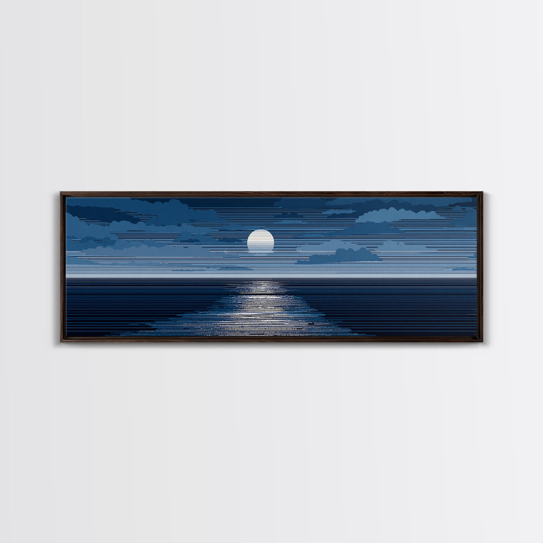 Blue Moonlit Ocean Horizon Wall Art, Mid Century Modern Seascape Print, Navy Coastal Decor, Serene Bedroom Artwork, Living Room Art