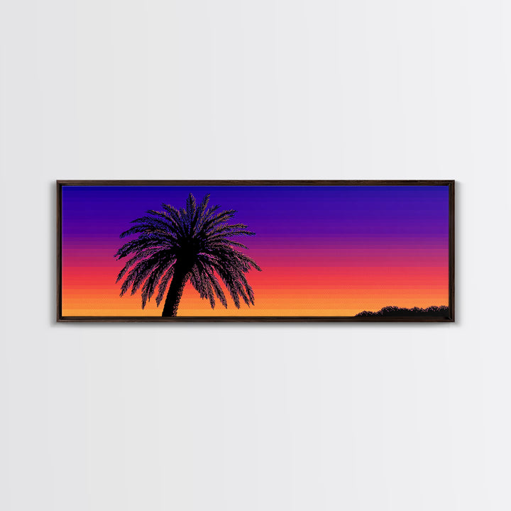 Vibrant Double Palm Sunset Framed Canvas Print, Retro 70s Wall Decor, Tropical Palm Springs Art, Colorful Bedroom Poster