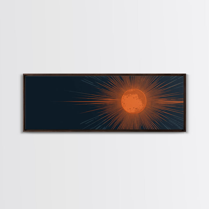 Orange Radiant Sunburst Wall Art, Atomic Mid Century Modern Print, Dark Navy Geometric Decor, Bold Solar Living Room Poster
