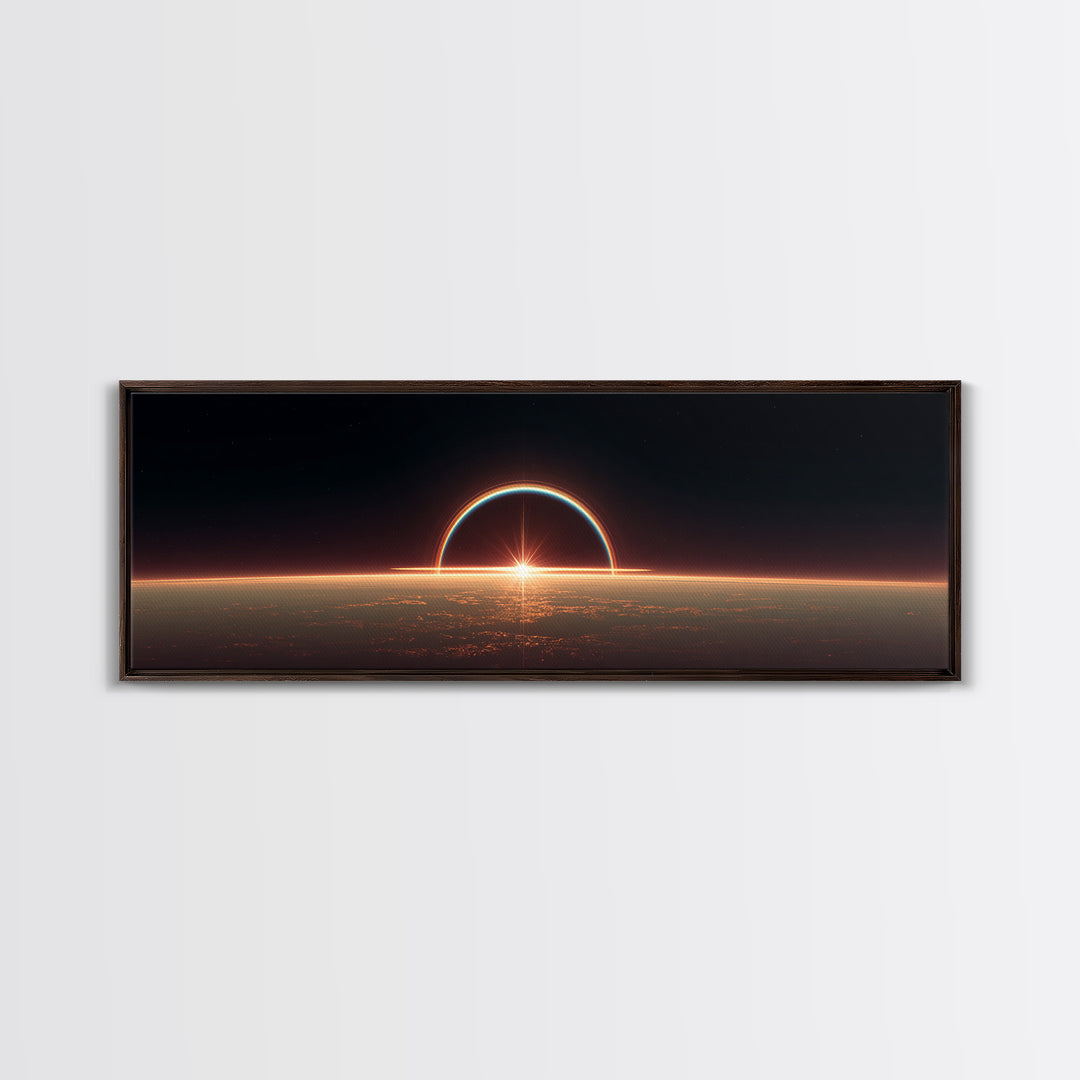 Futuristic Eclipse Horizon Framed Canvas Print, Sci Fi Planet Sunrise Wall Decor, Modern Space Art, Cinematic Living Room Poster