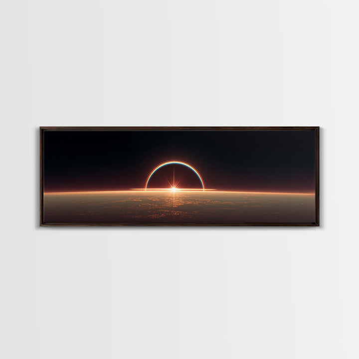 Futuristic Eclipse Horizon Framed Canvas Print, Sci Fi Planet Sunrise Wall Decor, Modern Space Art, Cinematic Living Room Poster
