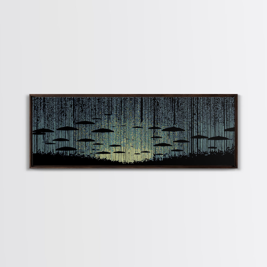 Blue Rain Umbrella Wall Art, Retro Illustration, Atmospheric Modern Art Print, Moody Bedroom Decor And Office Wall Decor