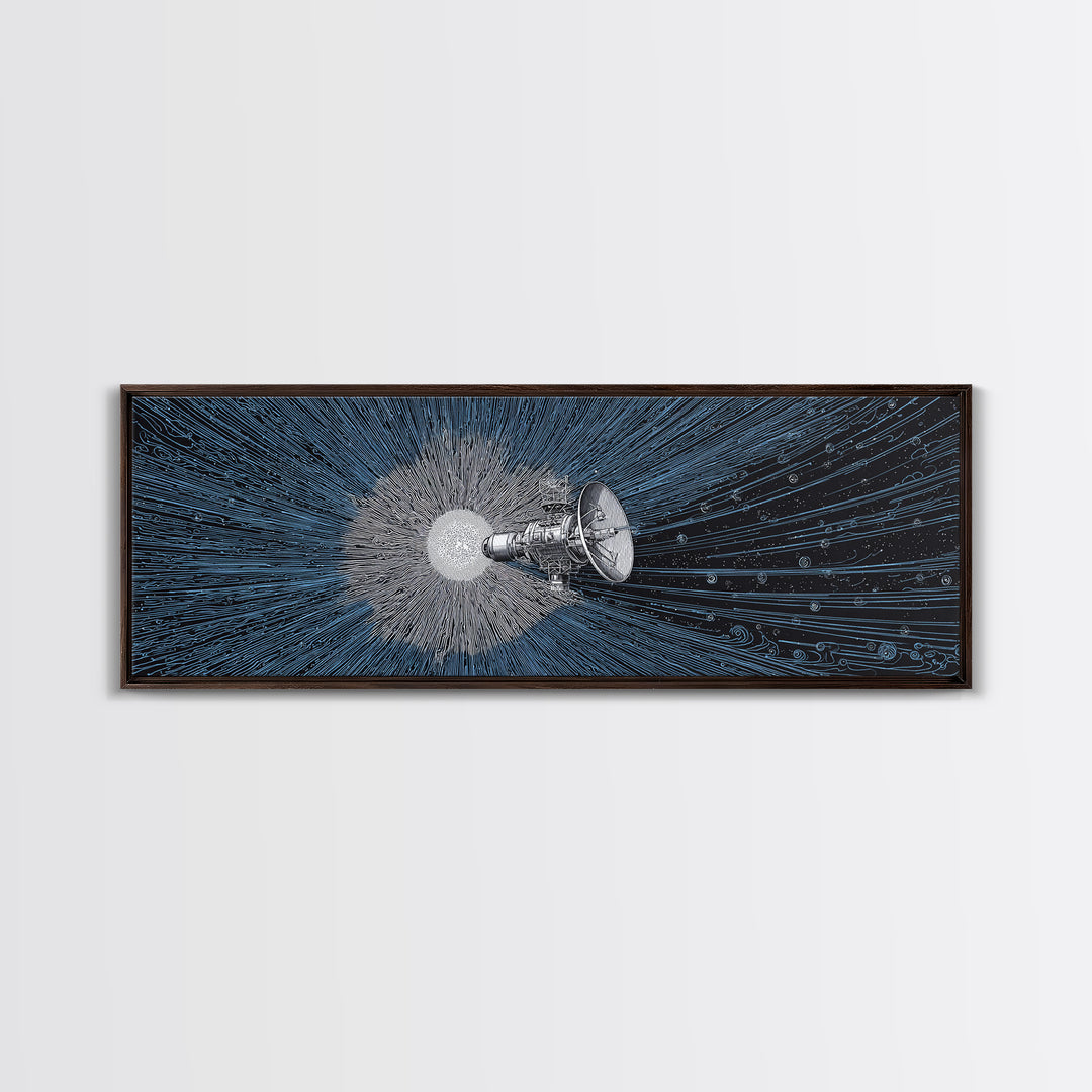 Deep Space Satellite Wall Art, Blue Sci Fi Retro Art, Modern Abstract Art Print, Large Panoramic Poster For Office Decor