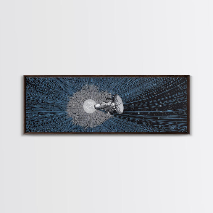 Deep Space Satellite Wall Art, Blue Sci Fi Retro Art, Modern Abstract Art Print, Large Panoramic Poster For Office Decor