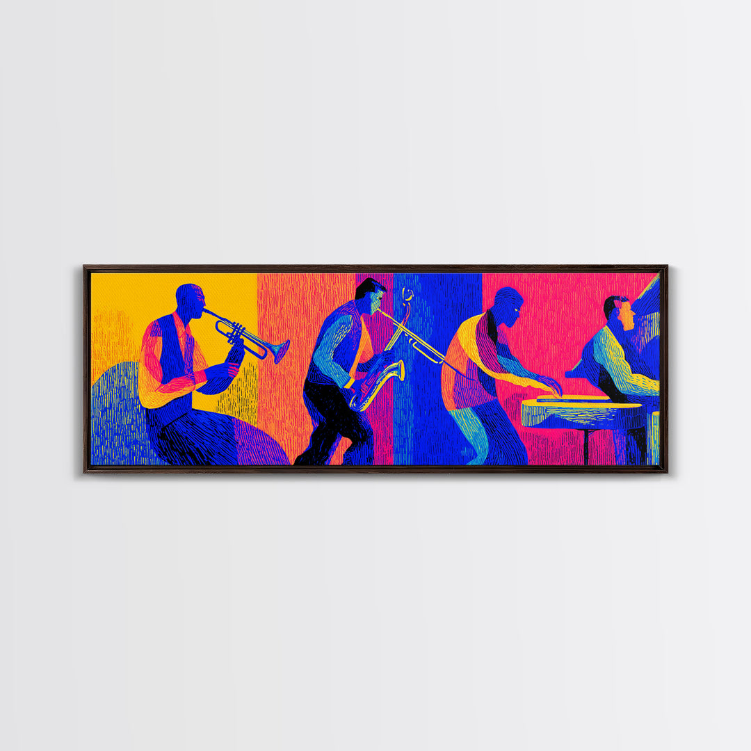 Bold Neon Jazz Band Canvas Print, Colorful Wall Art, Midcentury Modern Music Poster, Pop Art Funky Retro Living Room Decor