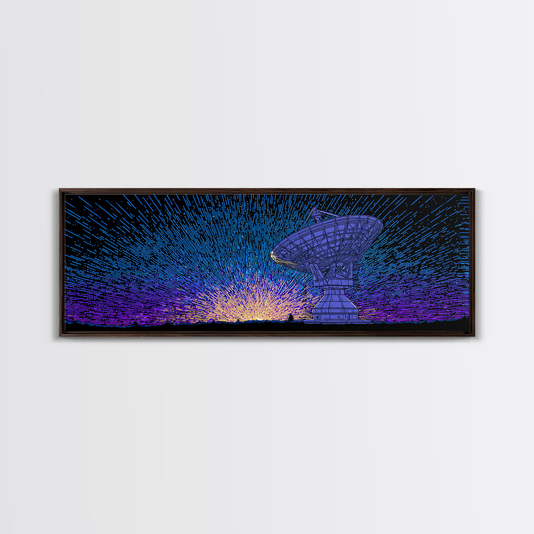 Blue Radio Telescope Starburst Wall Art, Retro Sci Fi Observatory Poster, Mid Century Modern Space Decor, Panoramic Canvas Print