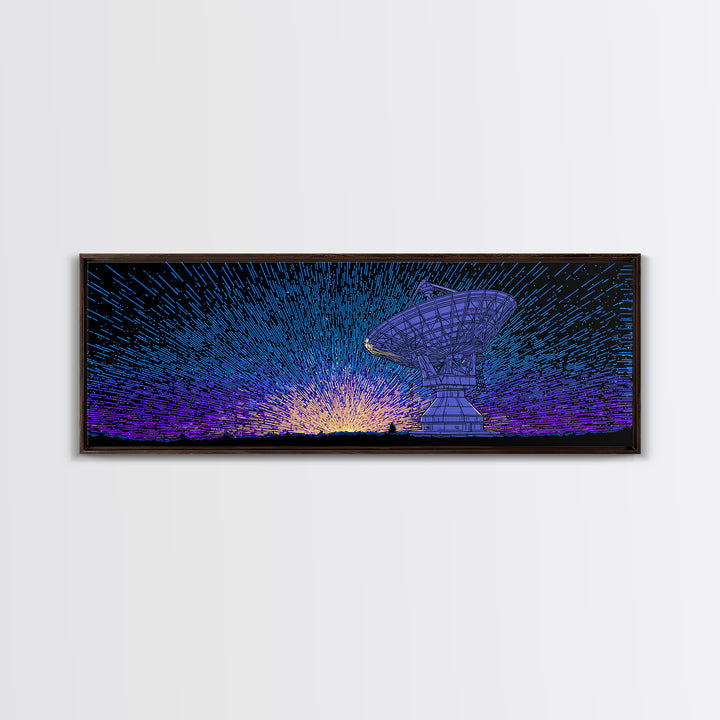 Blue Radio Telescope Starburst Wall Art, Retro Sci Fi Observatory Poster, Mid Century Modern Space Decor, Panoramic Canvas Print