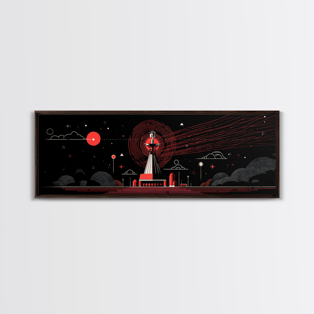 Red Observatory Beacon Wall Art, Retro Sci Fi Space Poster, Mid Century Modern Atomic Radio Telescope Panoramic Canvas Print