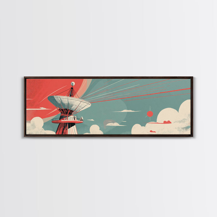 Coral Satellite Dish Sky Wall Art, Retro Sci Fi Observatory Poster, Mid Century Modern Atomic Space Decor, Panoramic Canvas Print