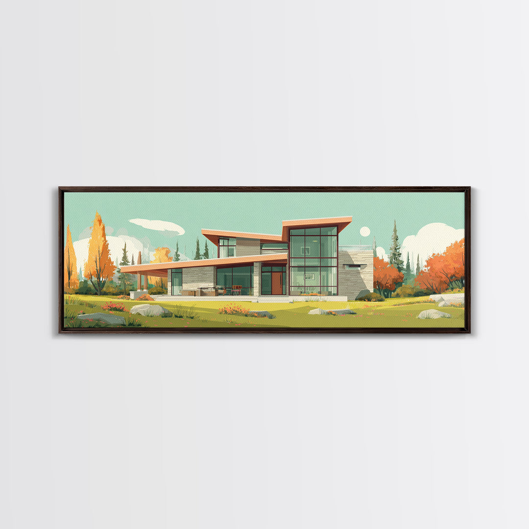 Autumn Glass Modern House Wall Art, Mid Century Modern Architecture Poster, Scandinavian Home Decor, Landscape Framed Canvas Print