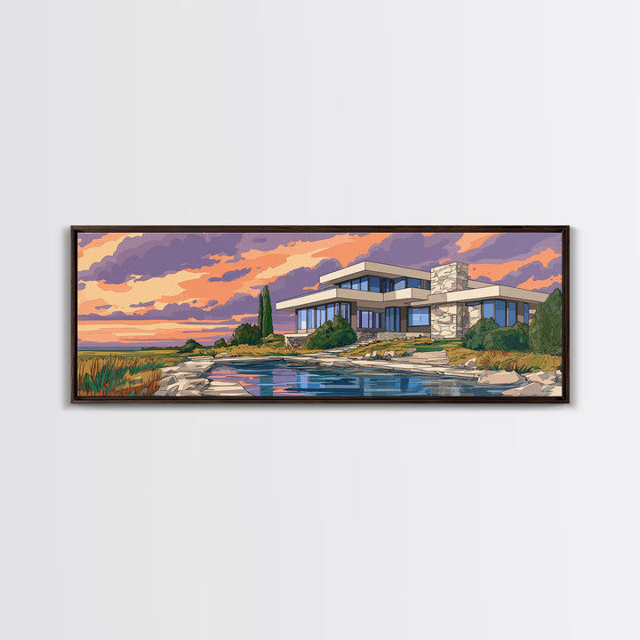 Lakeside Modernist Villa Wall Art, Sunset Mid Century Modern Architecture Poster, MCM Home Decor Scenic Framed Canvas Print