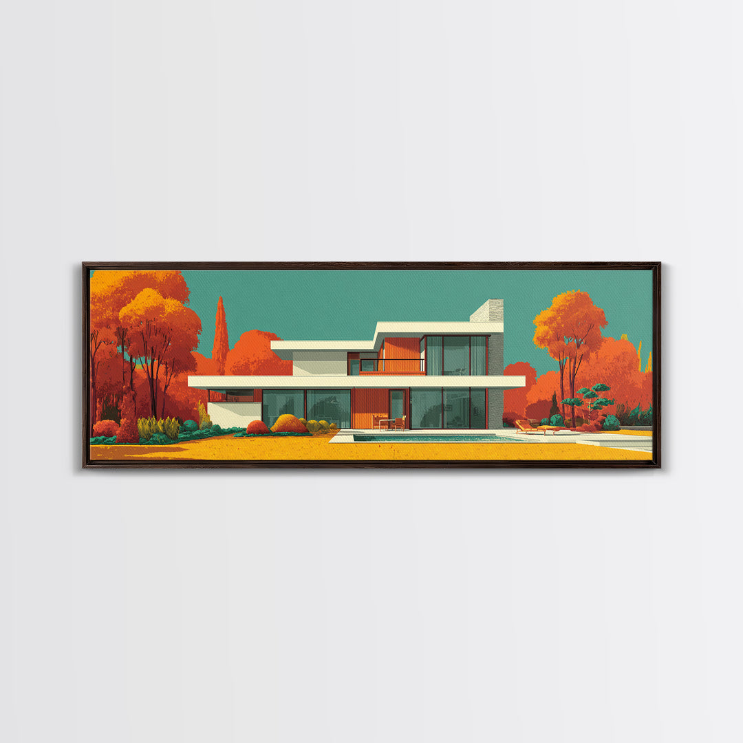 Orange Autumn Mid Century House Wall Art, Modern Architecture Poster, Retro Home Decor, Palm Springs Style Framed Canvas Print