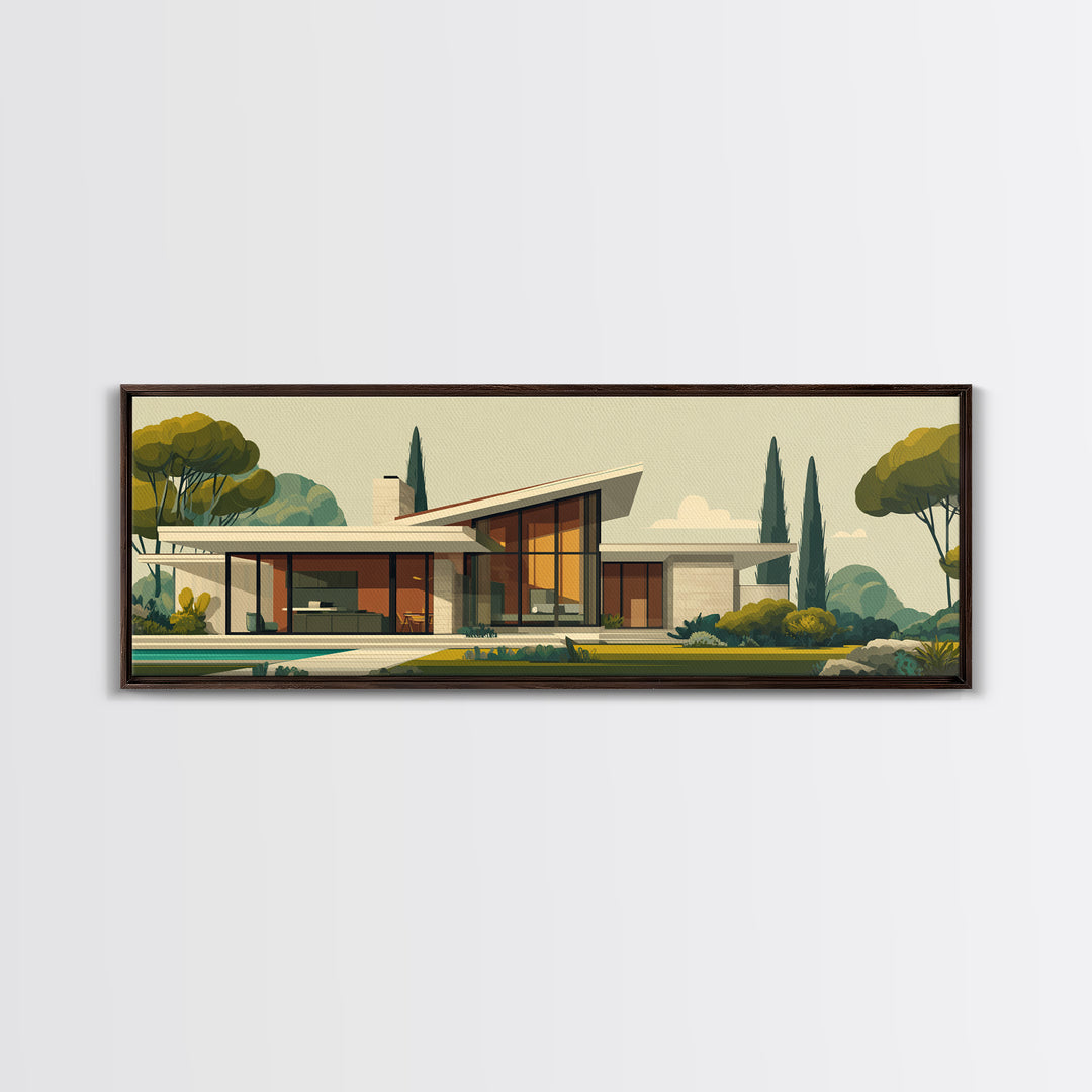 Angular Mid Century Modern House Wall Art, Retro Architecture Poster, Scandinavian Modern Home Decor Framed Canvas Print
