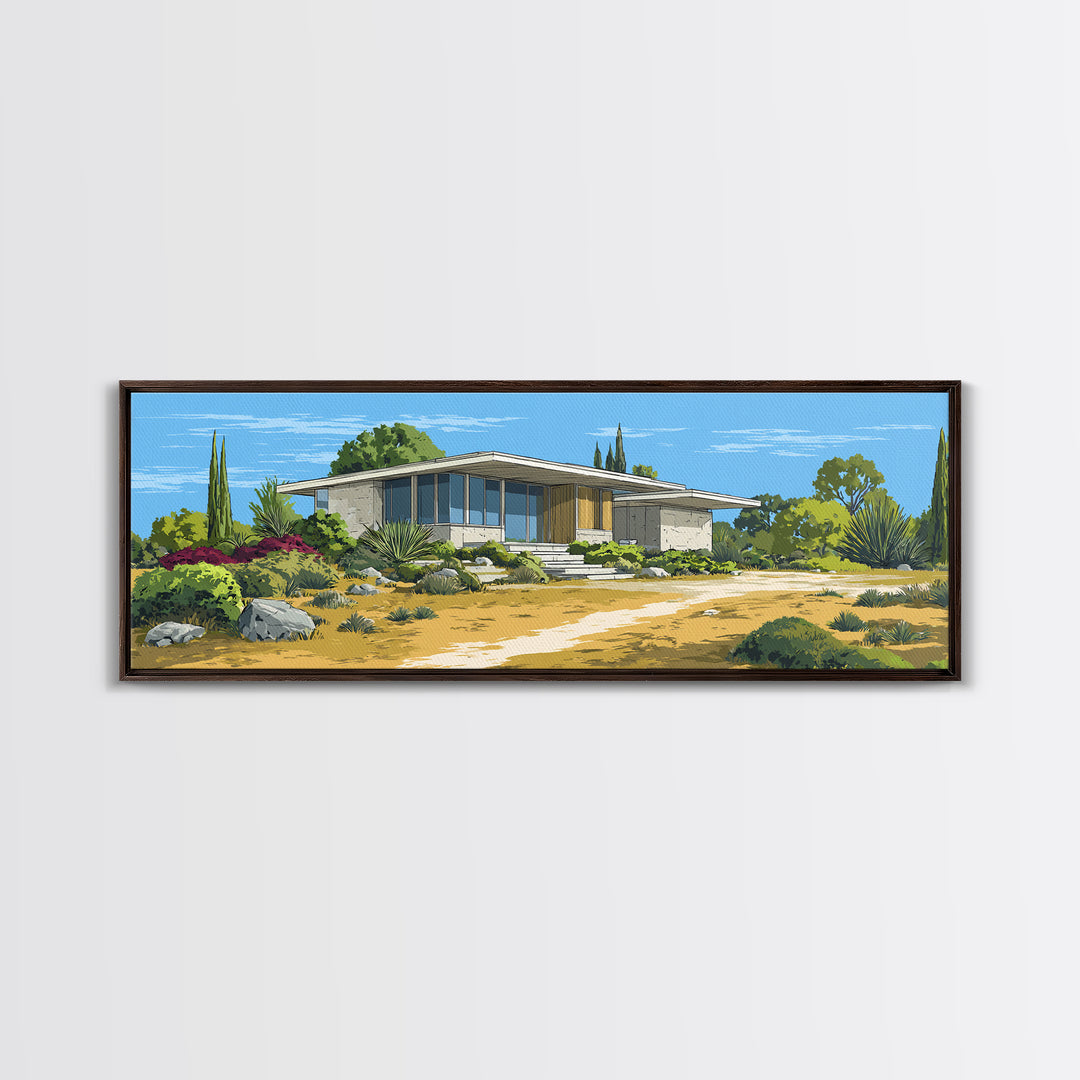 Desert Modern House With Garden Path Canvas Print, Midcentury Architecture Wall Decor, California Poster, MCM Home Art Print