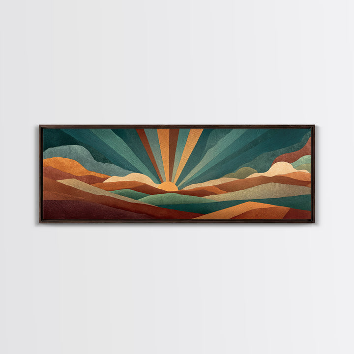 Teal And Burnt Orange Mountain Sunrise Canvas Print, Midcentury Abstract Wall Art, Modern Retro Decor, Boho Desert Poster